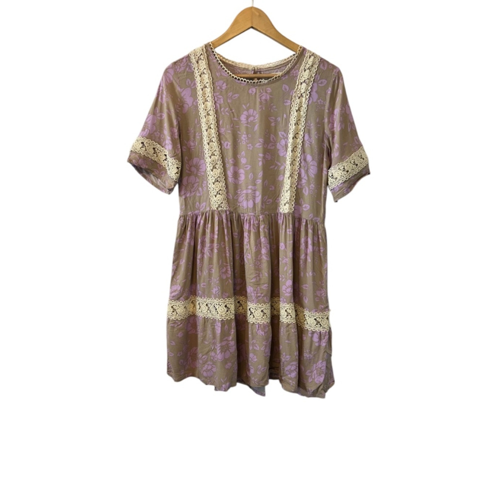 SUNDAY MI ARMOR Dusty Pink Eyelet Lace Trim Short Sleeve Mini Dress M